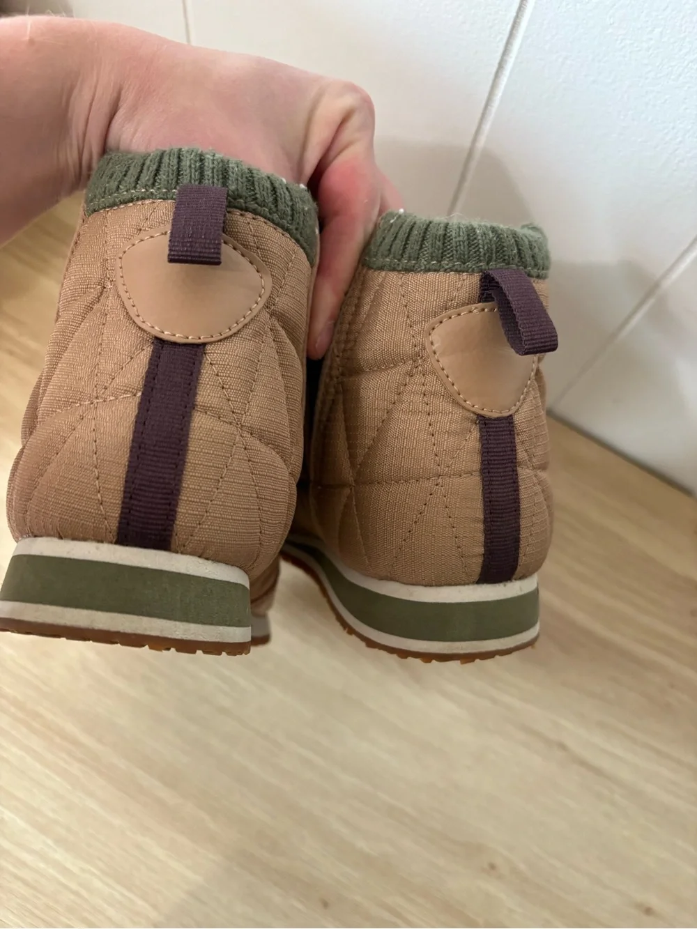 Teva Taupe Quilted Slip-On Ankle Boot with Olive Knit Collar